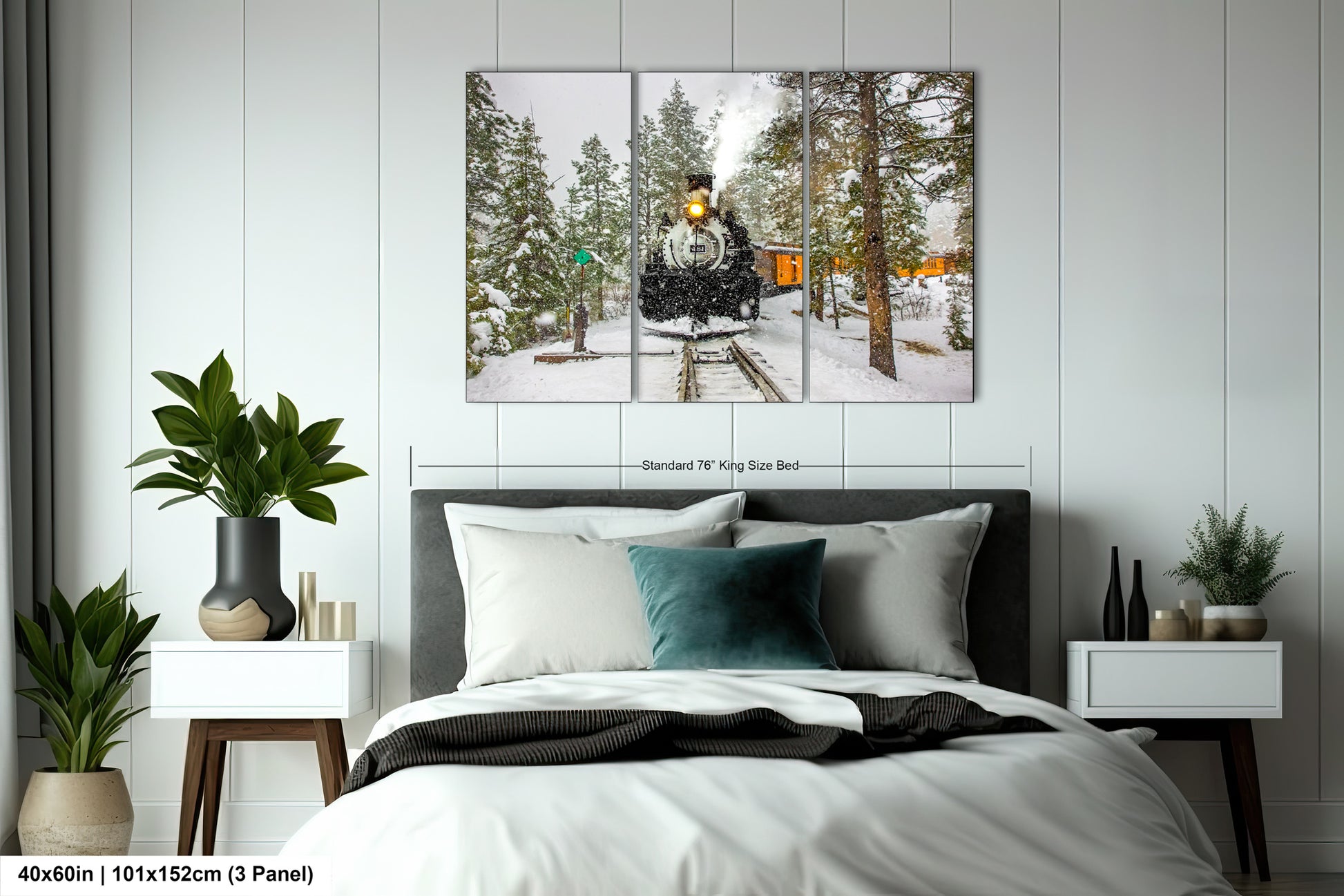 a bed room with a neatly made bed and a painting on the wall