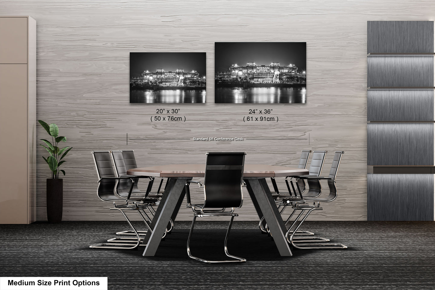 a dining room table with chairs next to a wall with a picture of a city
