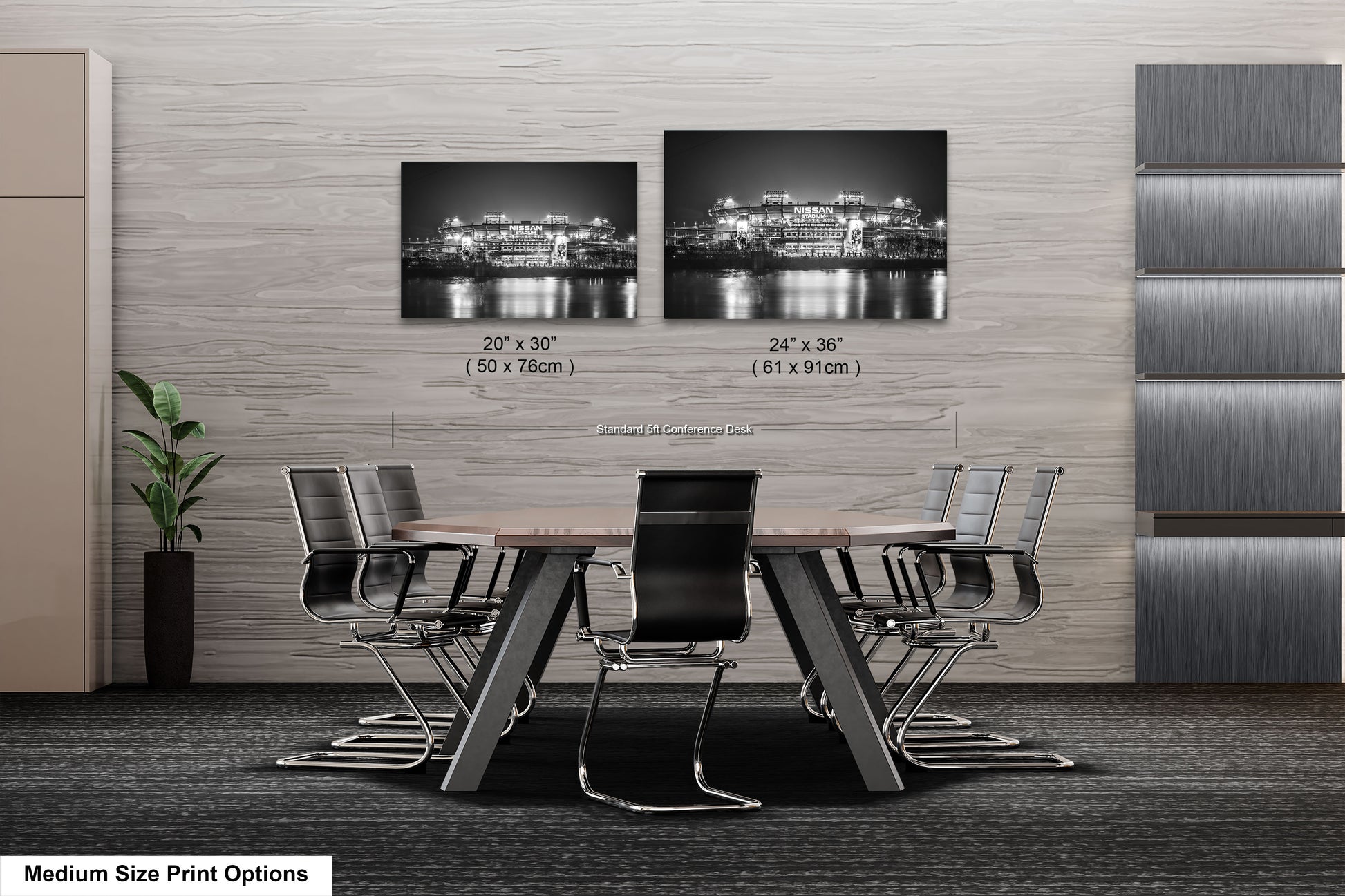 a dining room table with chairs next to a wall with a picture of a city