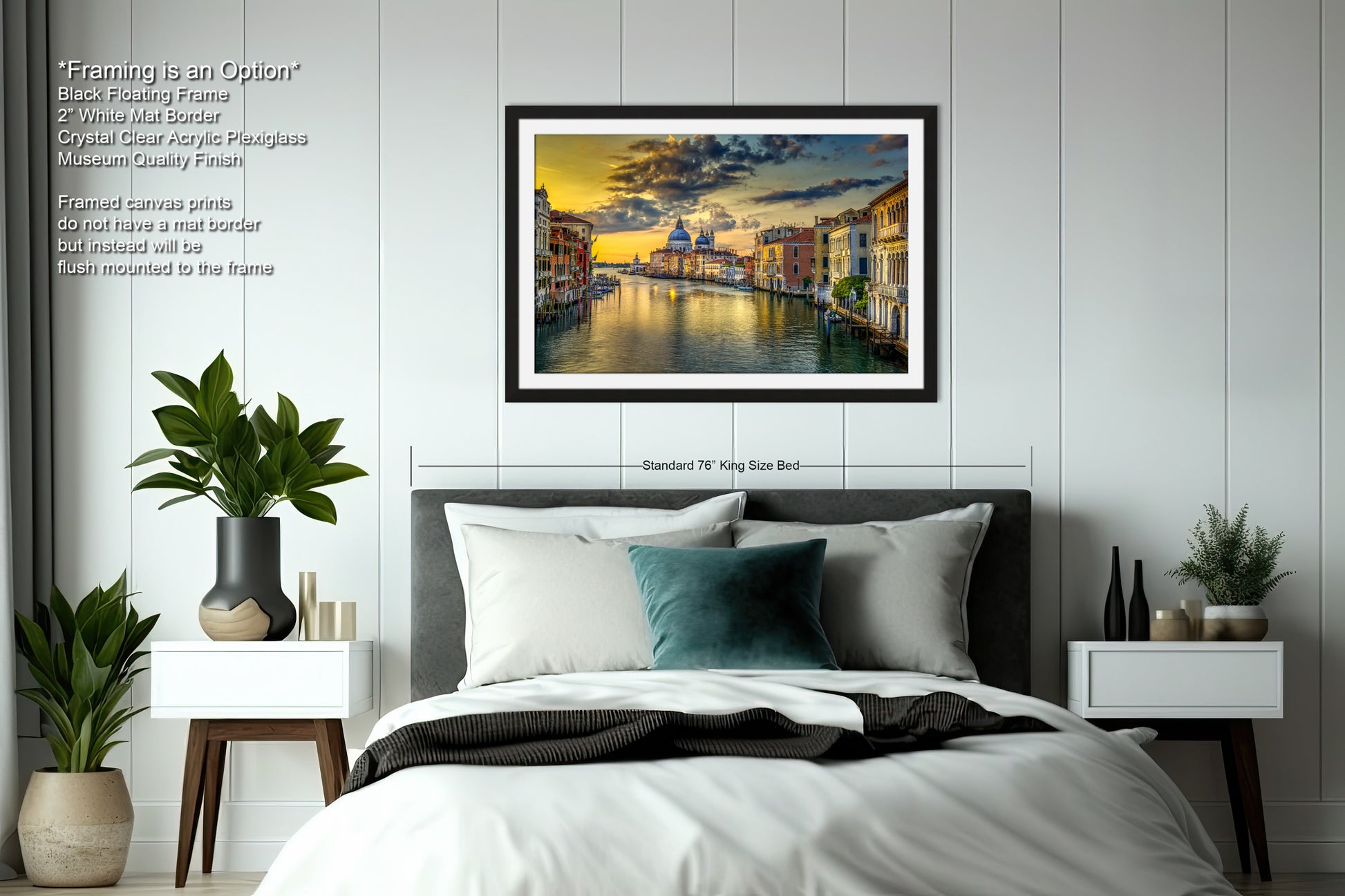 a bedroom with a large bed and a painting on the wall