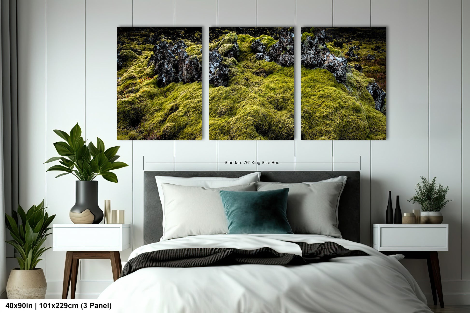 a bed room with a neatly made bed and two paintings on the wall