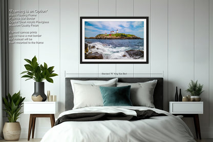 a bedroom with a bed and a picture on the wall