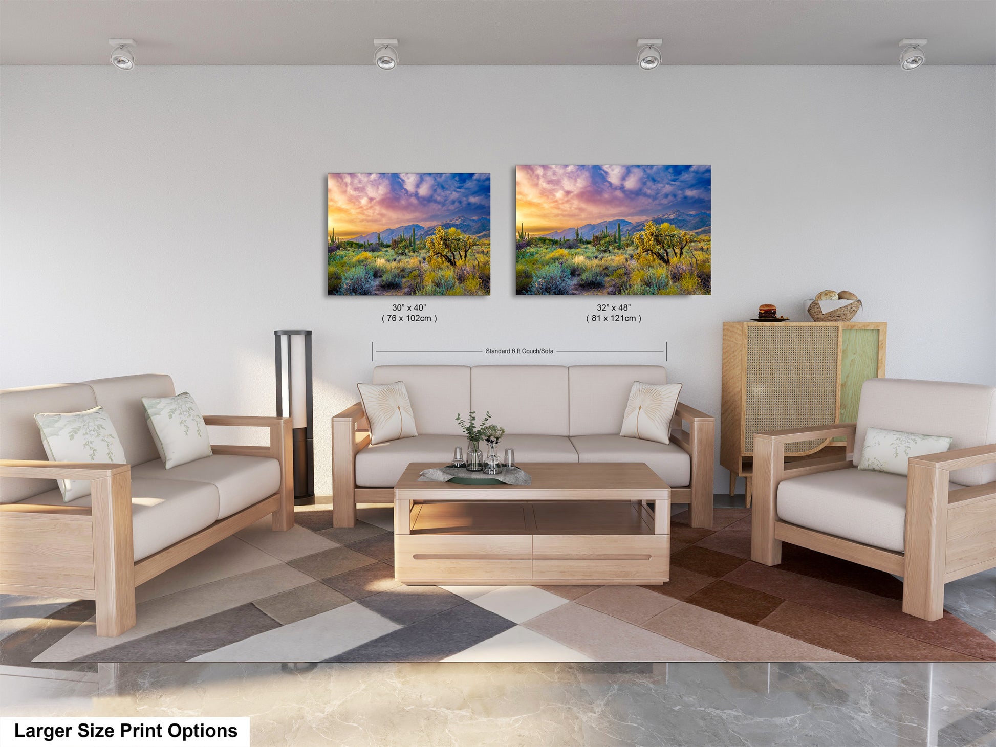 a living room filled with furniture and a painting on the wall