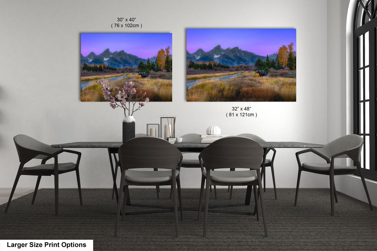 a dining room with a table and chairs