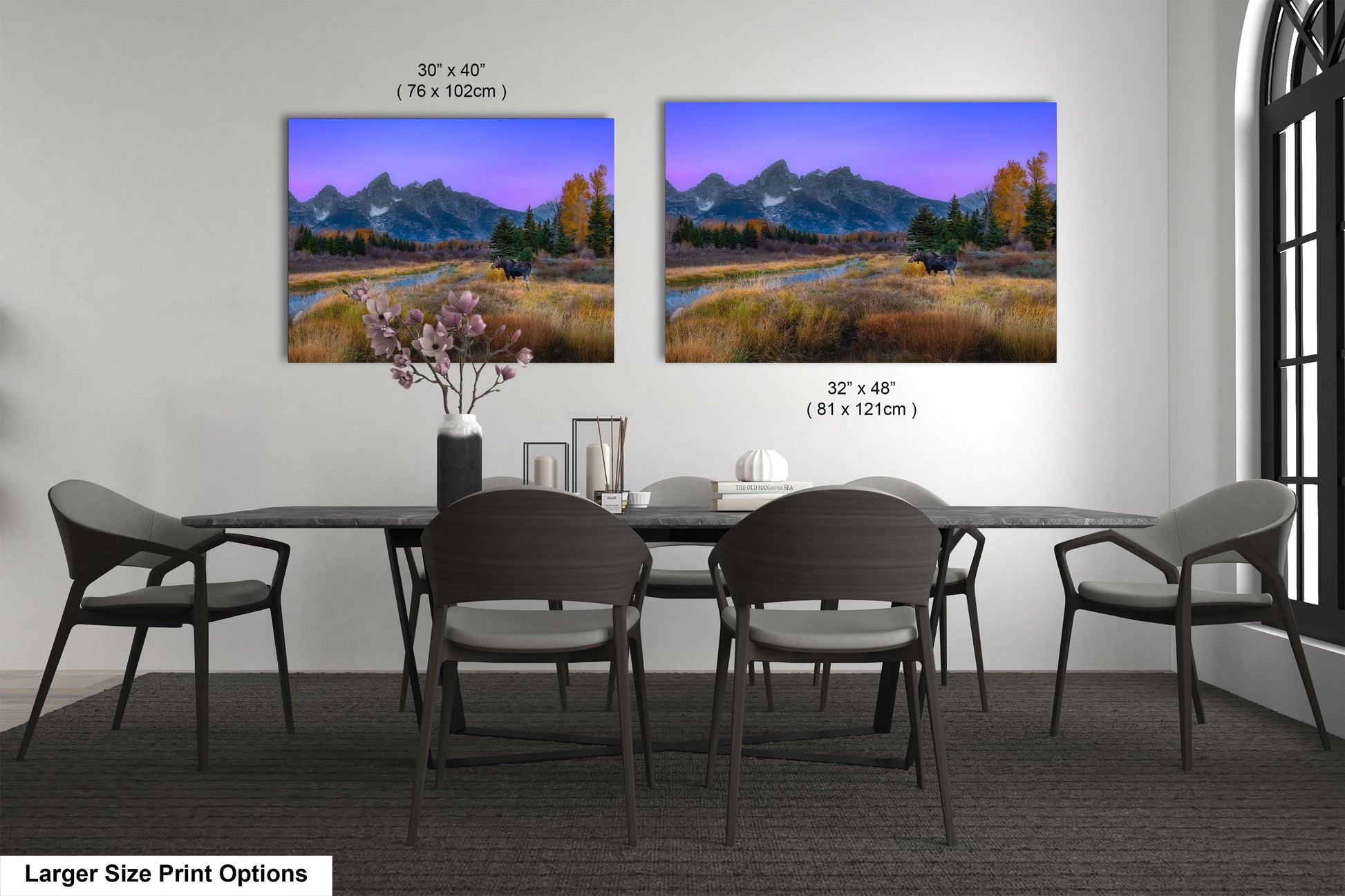 a dining room with a table and chairs