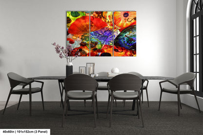 a dining room table with four chairs and a painting on the wall