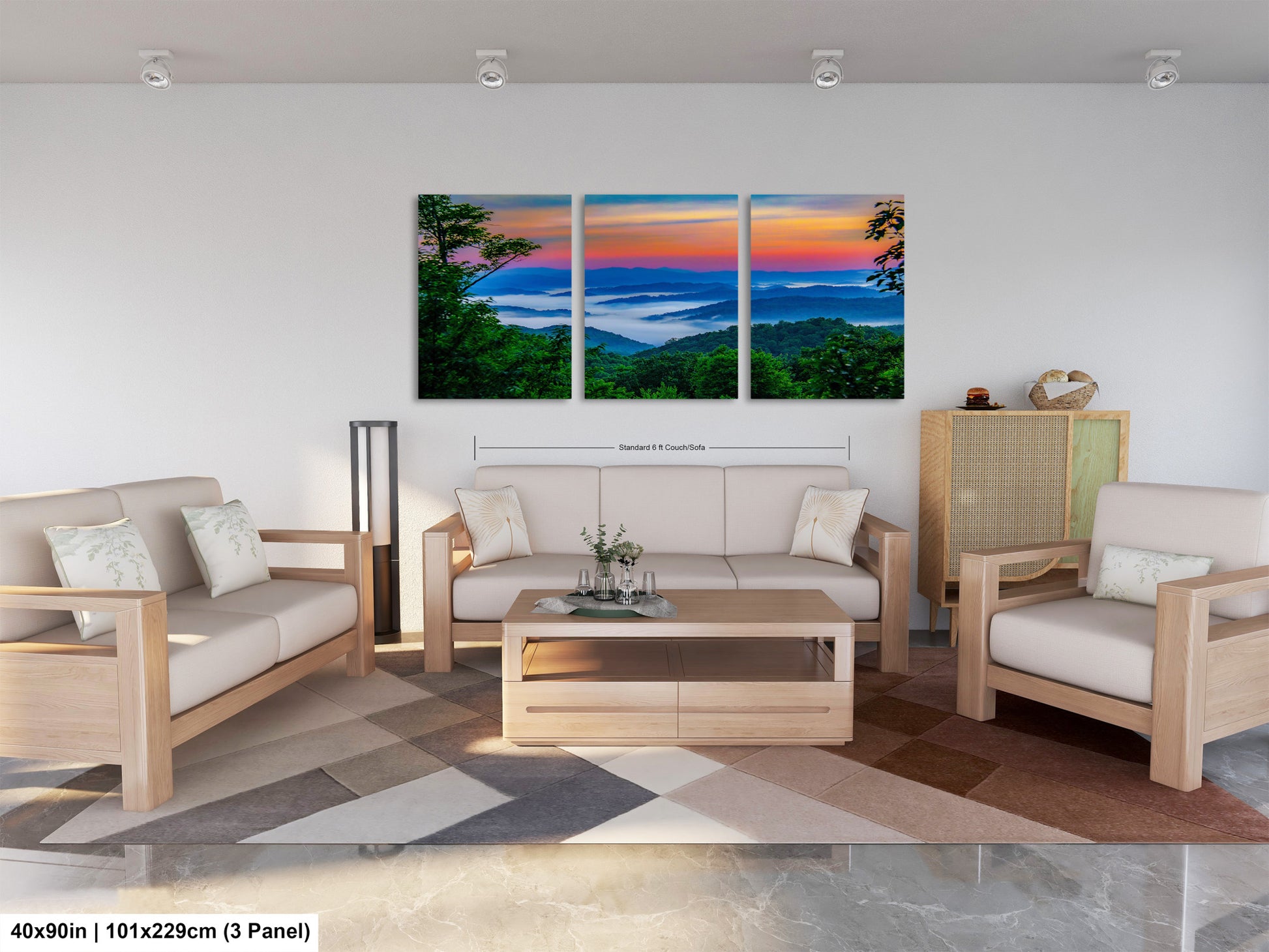 a living room filled with furniture and a painting on the wall