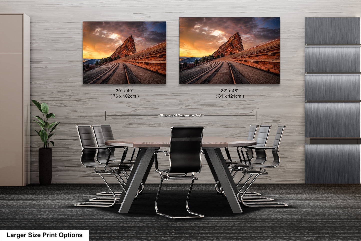 a dining room table with chairs and two pictures on the wall