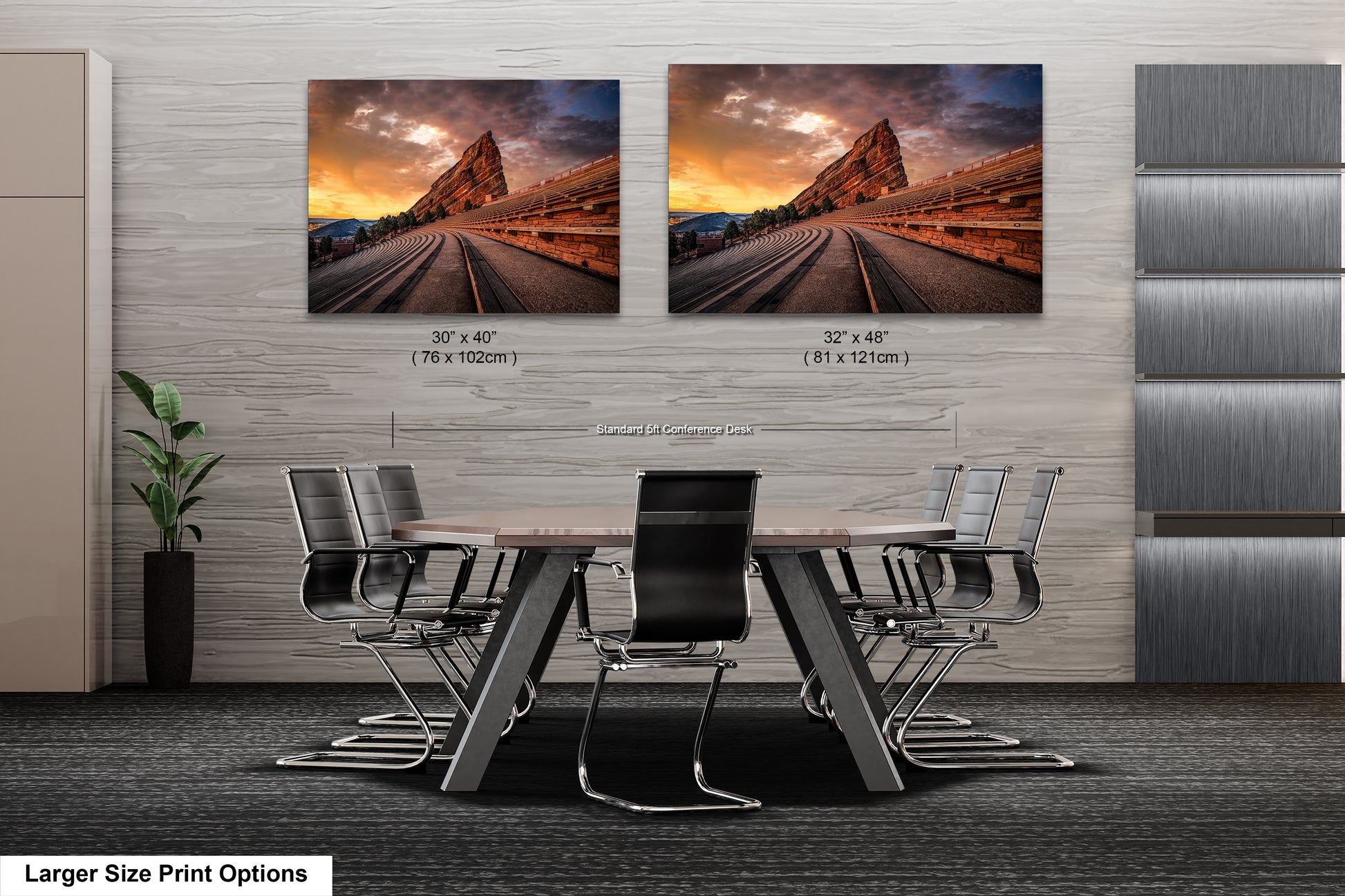 a dining room table with chairs and two pictures on the wall