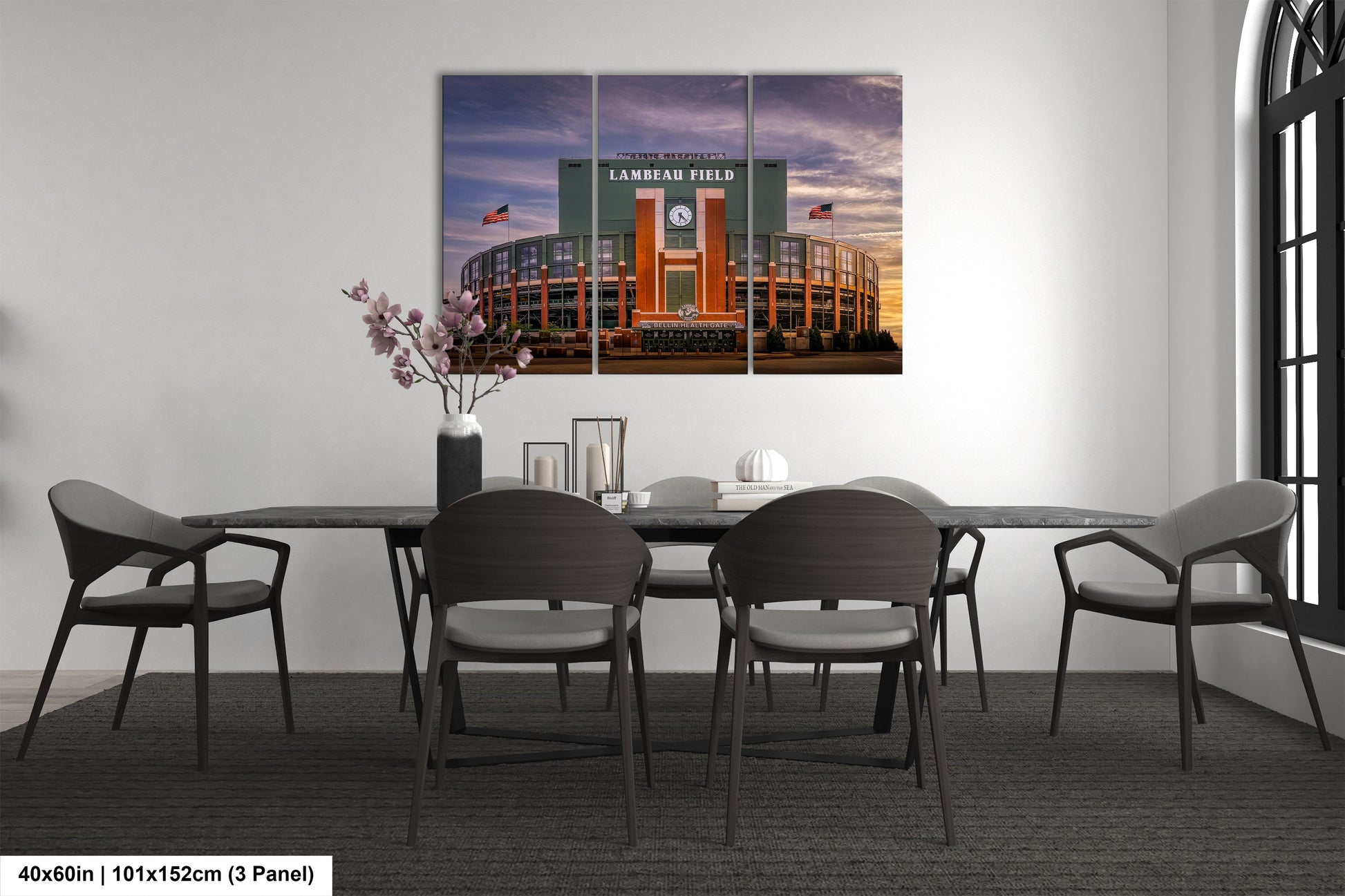 a dining room with a table and chairs
