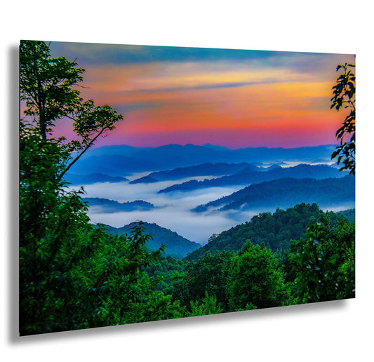 a painting of a sunset over the mountains
