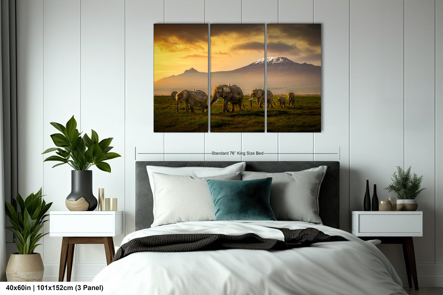 a bedroom with a bed and a painting on the wall