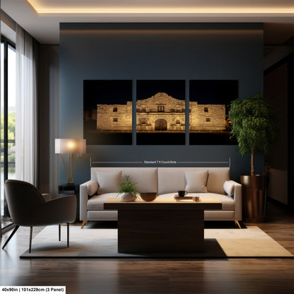 The image is a modern living room with a large, illuminated painting of a historic building on the wall. The room is furnished with a sofa, a coffee table, and a chair. The overall design and decor create a stylish and contemporary atmosphere.