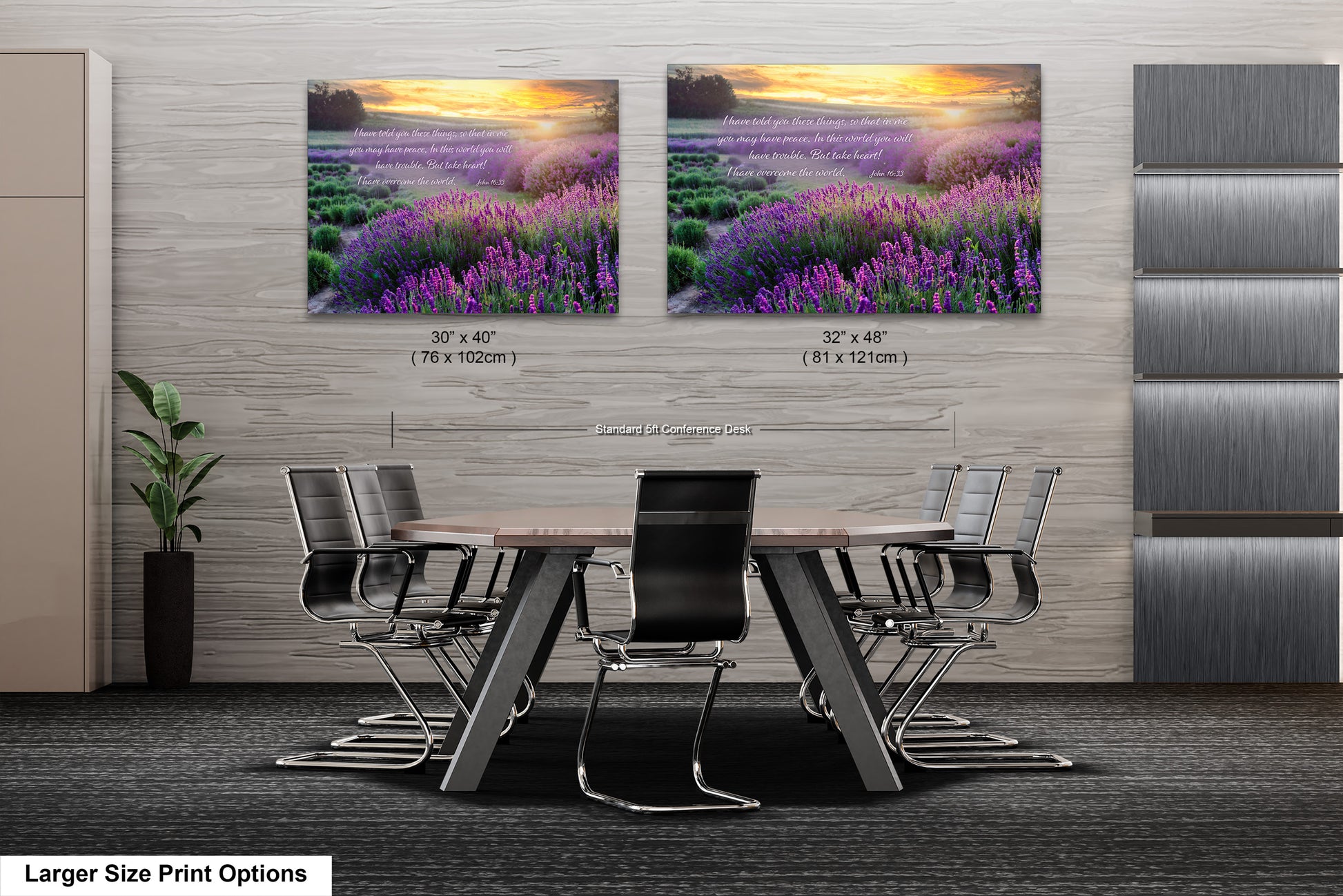 a dining room table with chairs and two pictures on the wall
