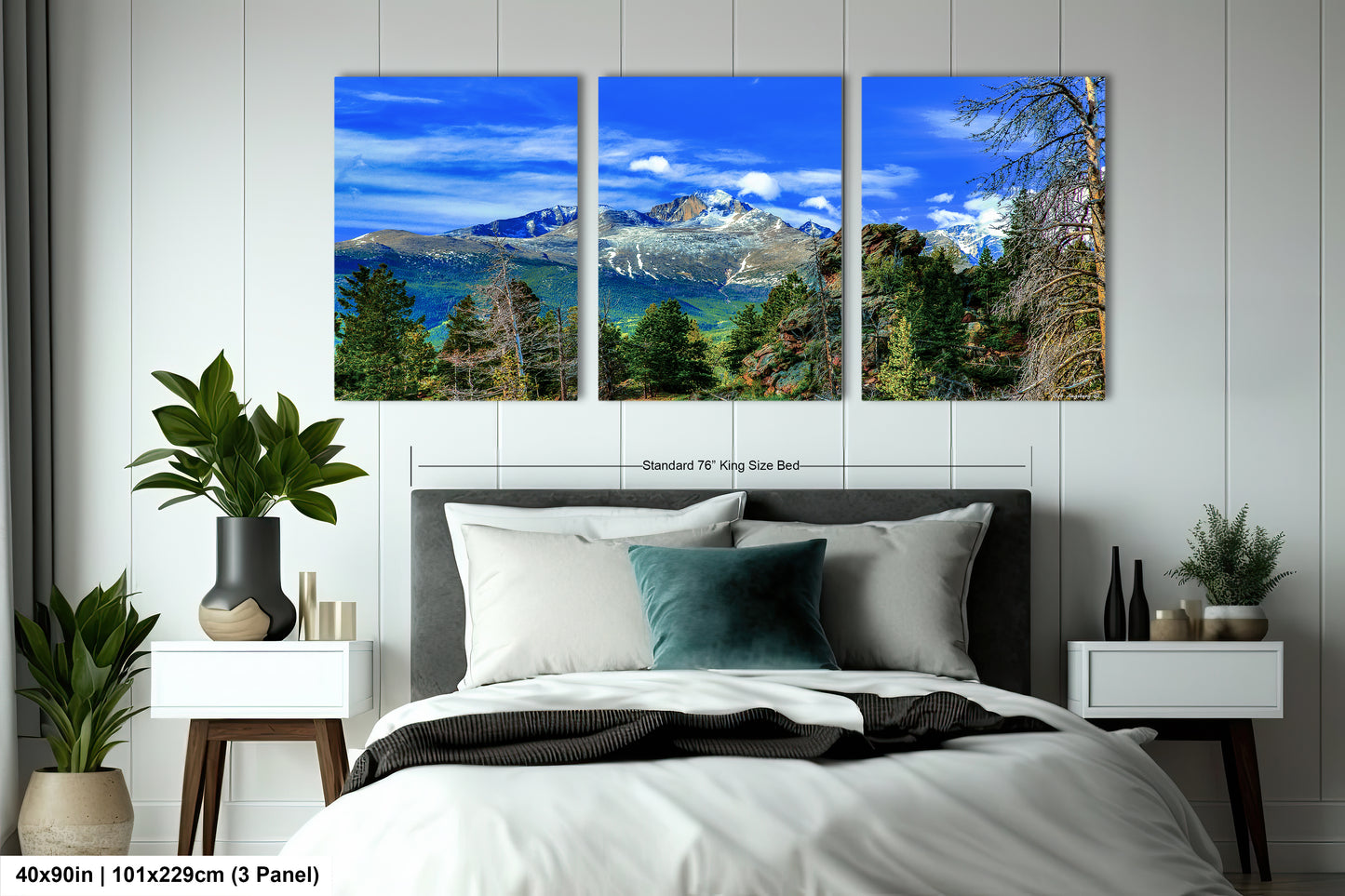 a bedroom scene with a bed and two paintings on the wall
