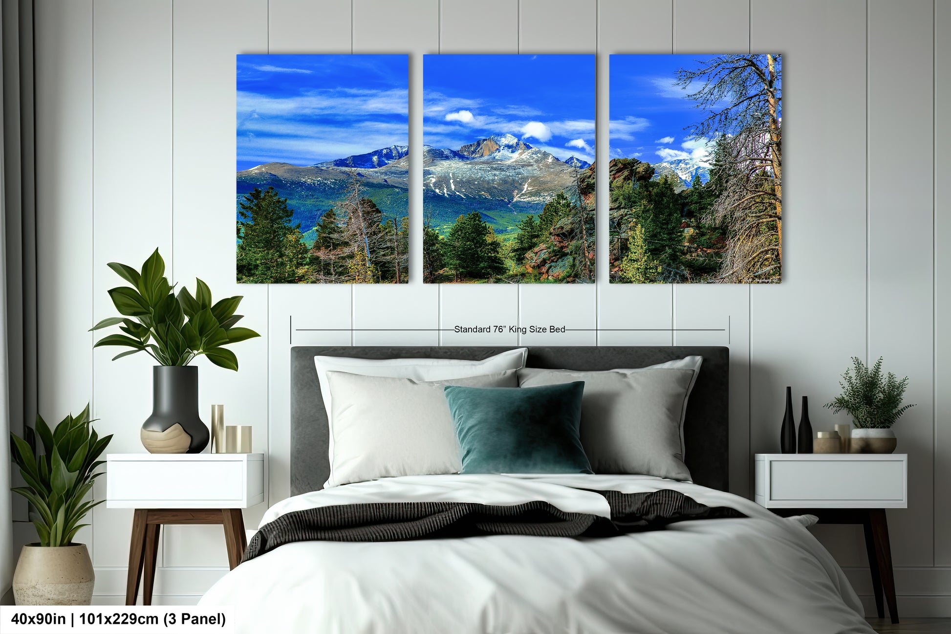 a bedroom scene with a bed and two paintings on the wall