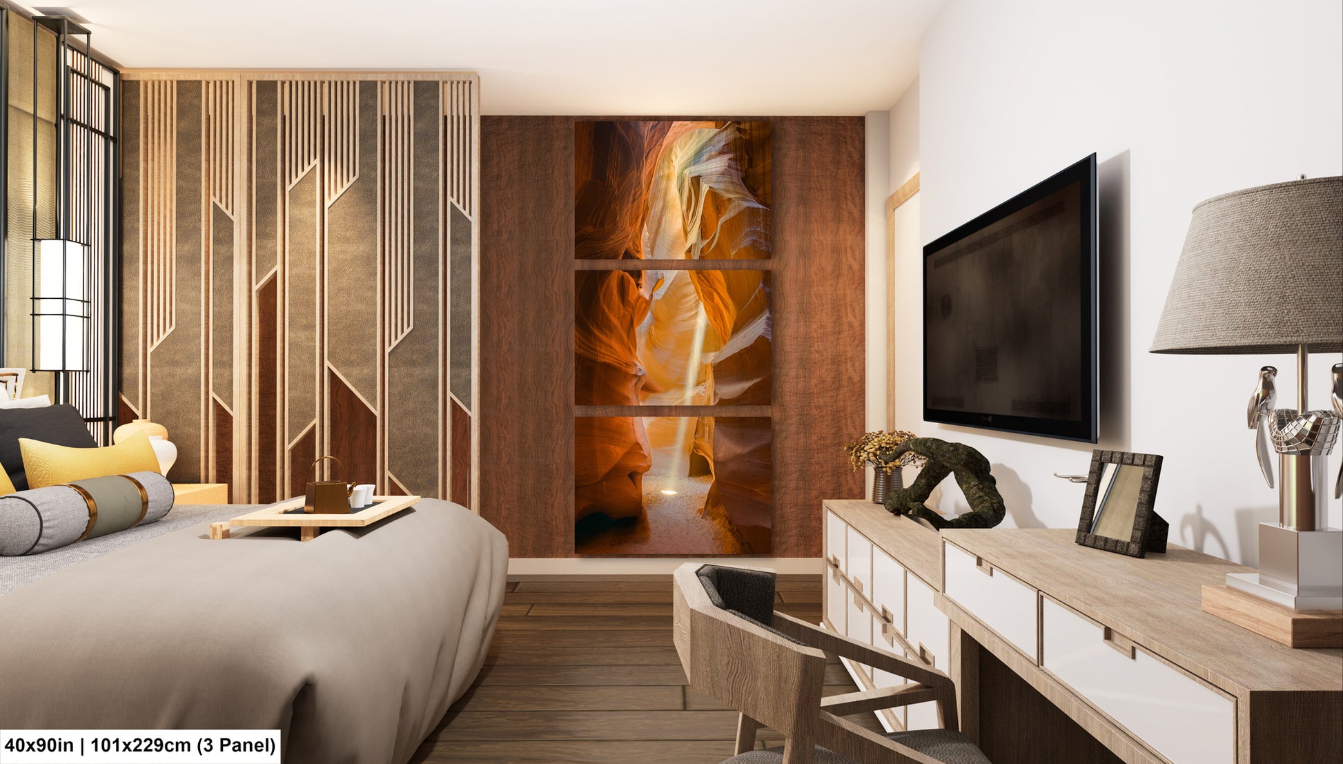 a bed room with a neatly made bed and a flat screen tv