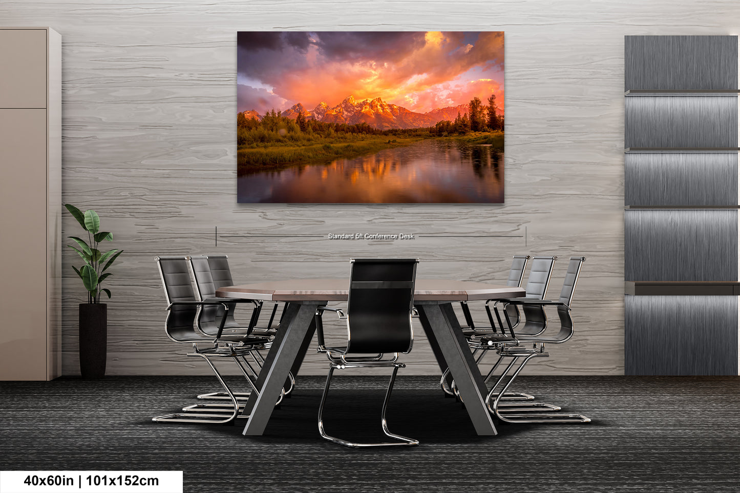 a dining room table with chairs and a painting on the wall