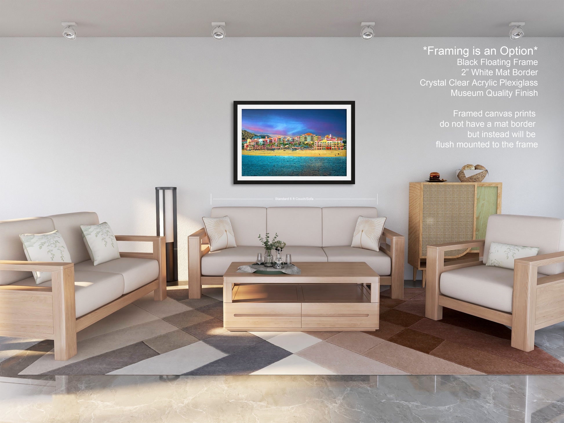 a living room filled with furniture and a painting on the wall
