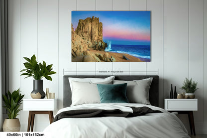 a bedroom with a bed and a painting on the wall