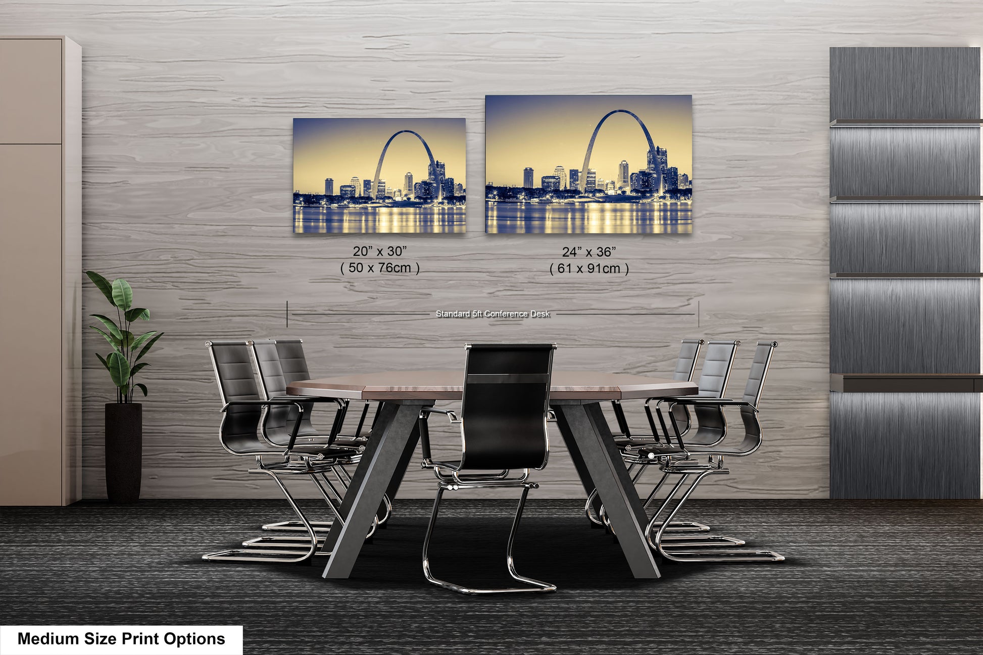 a dining room table with chairs and a picture of the st louis skyline