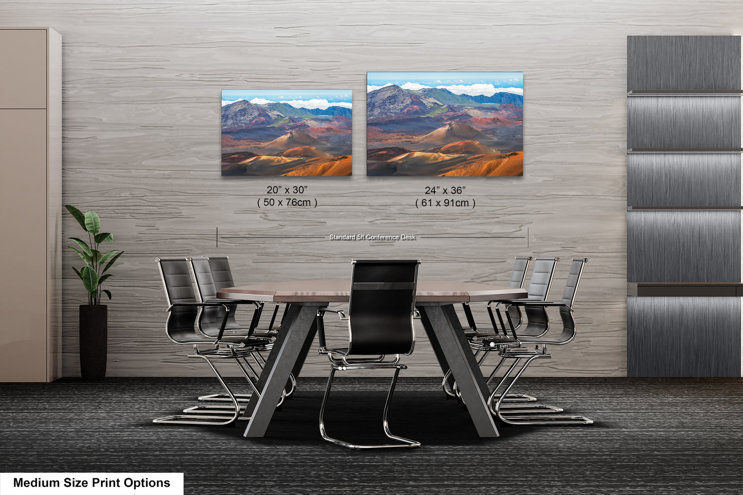 a modern office space with a large wooden table surrounded by black chairs. Two framed landscape paintings are displayed on the wall above the table, depicting mountainous terrain. The paintings are of medium size, with dimensions of 20 x 30" and 24 x 36" respectively. The office space also features a gray wall and a plant, creating a professional and comfortable atmosphere.