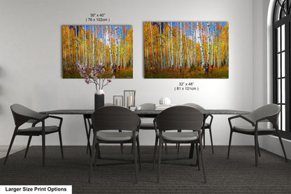 a dining room table with four chairs and a painting on the wall