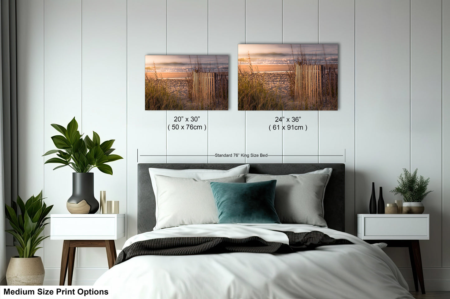 a bed room with a neatly made bed and two pictures on the wall