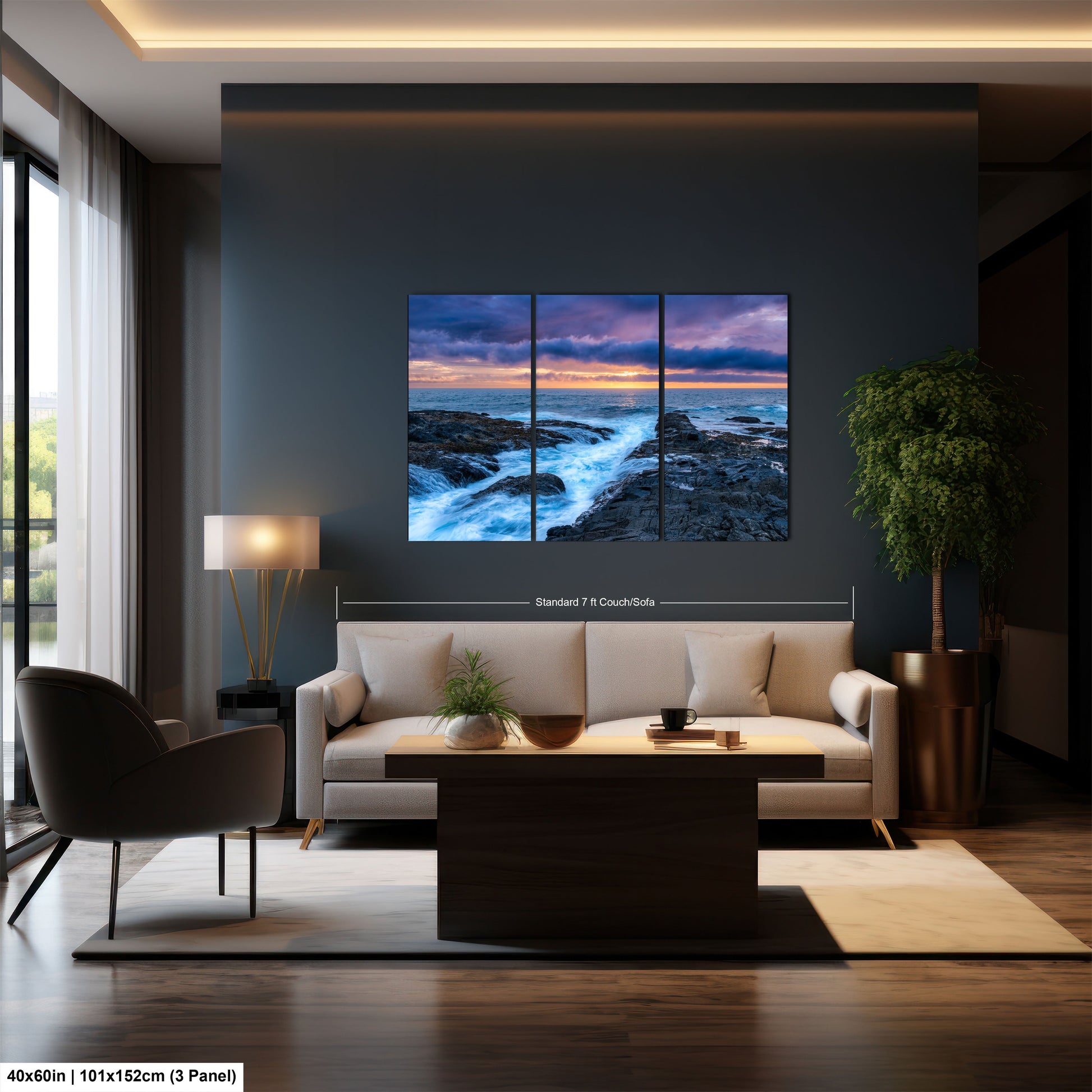 a living room filled with furniture and a painting on the wall