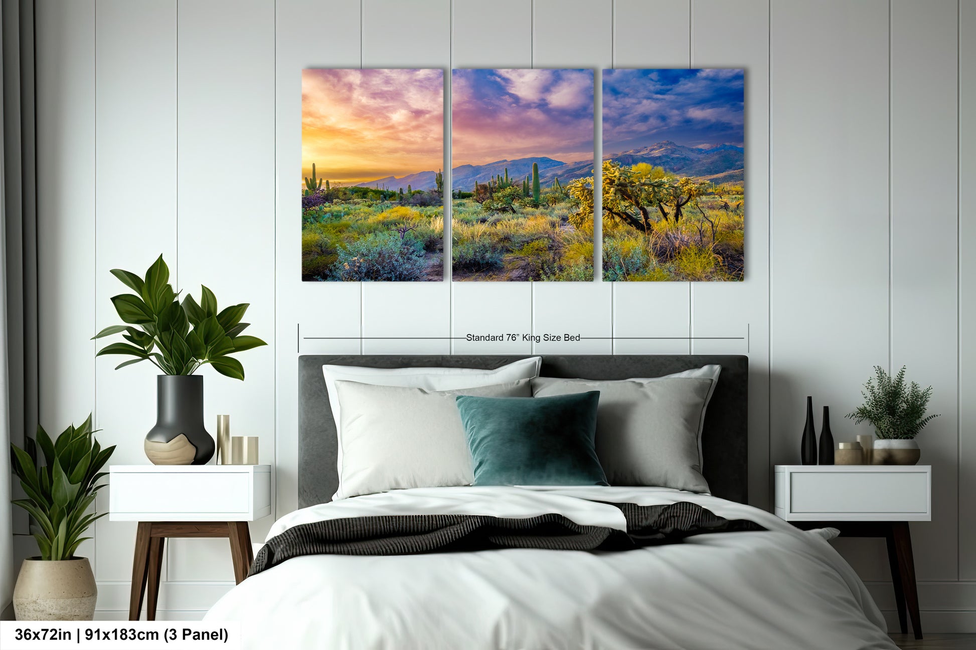 a bedroom scene with a bed and two paintings on the wall