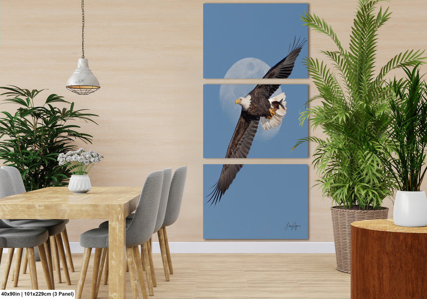 a modern dining room with a wooden table and chairs, a potted plant, and a large painting of a bald eagle in flight.