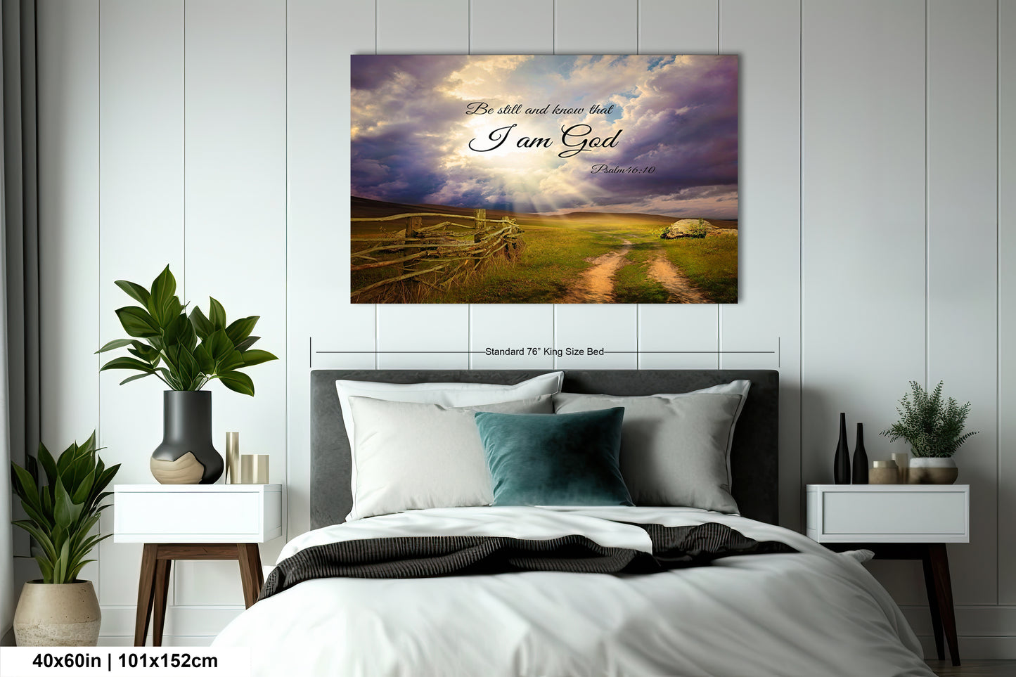 a bedroom with a bed and a painting on the wall