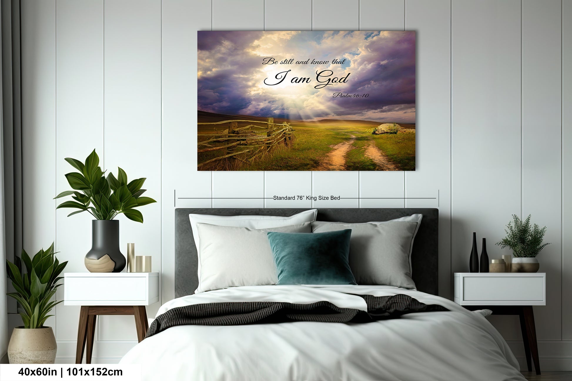 a bedroom with a bed and a painting on the wall