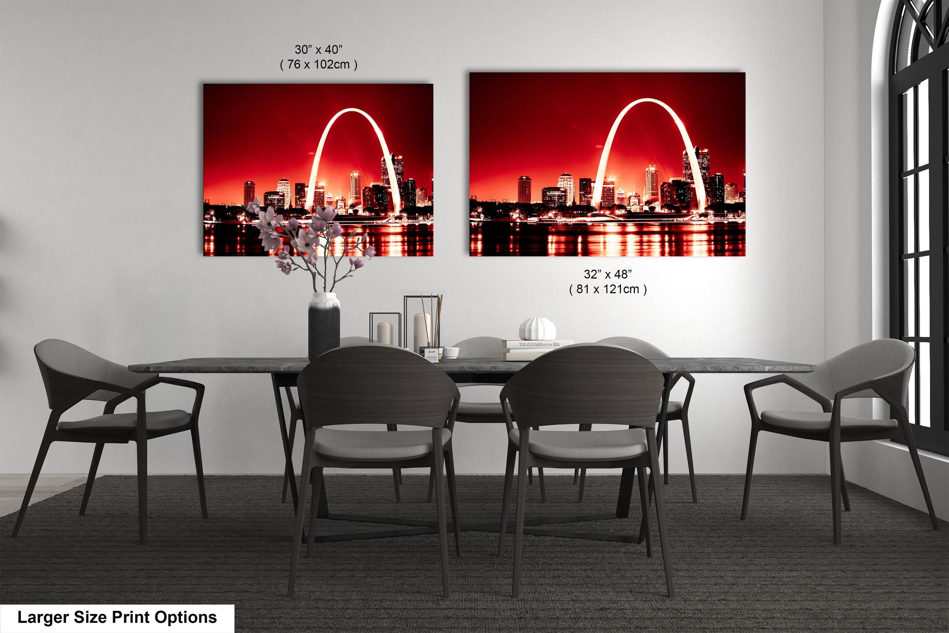 a dining room table with chairs and a picture of the st louis skyline