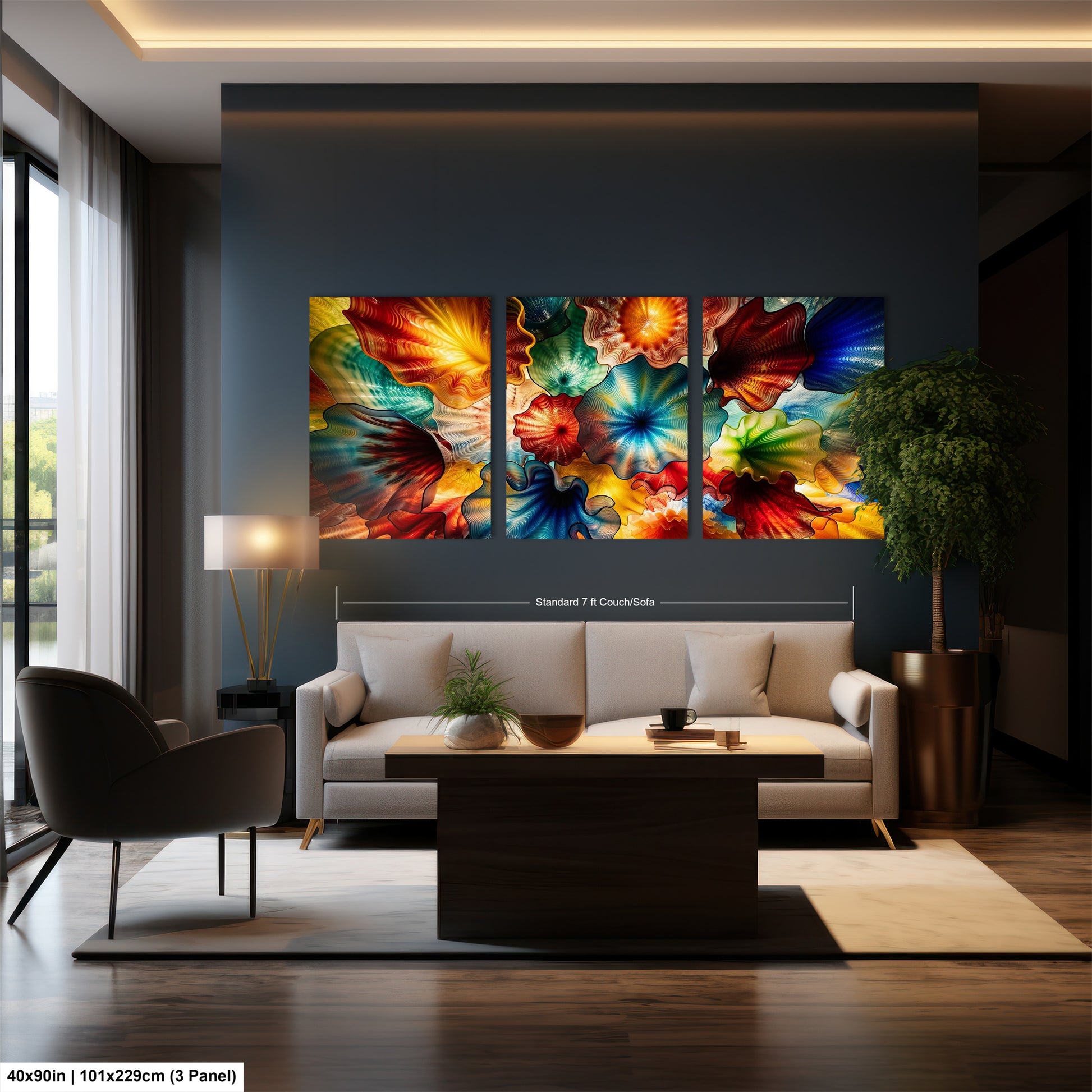 a modern living room with a large, colorful abstract painting hanging on the wall above a white sofa. The room is furnished with a coffee table, a chair, and a potted plant, creating a cozy and inviting atmosphere.