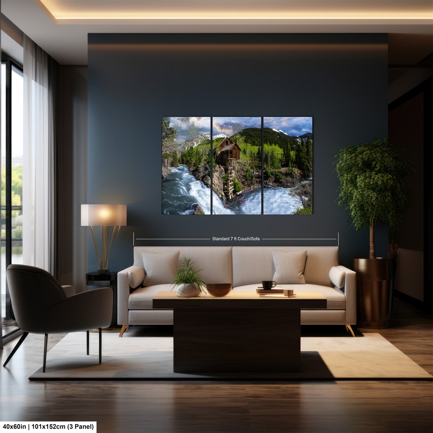 a living room filled with furniture and a painting on the wall