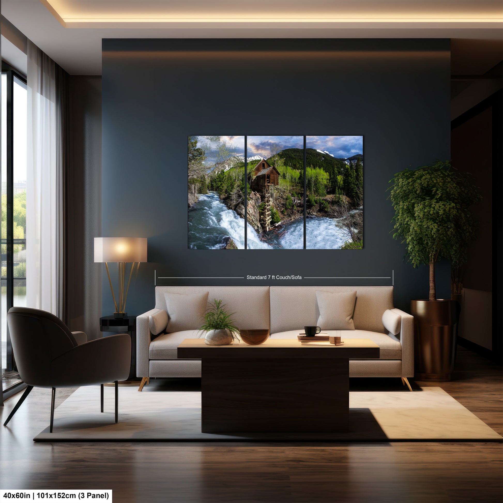 a living room filled with furniture and a painting on the wall