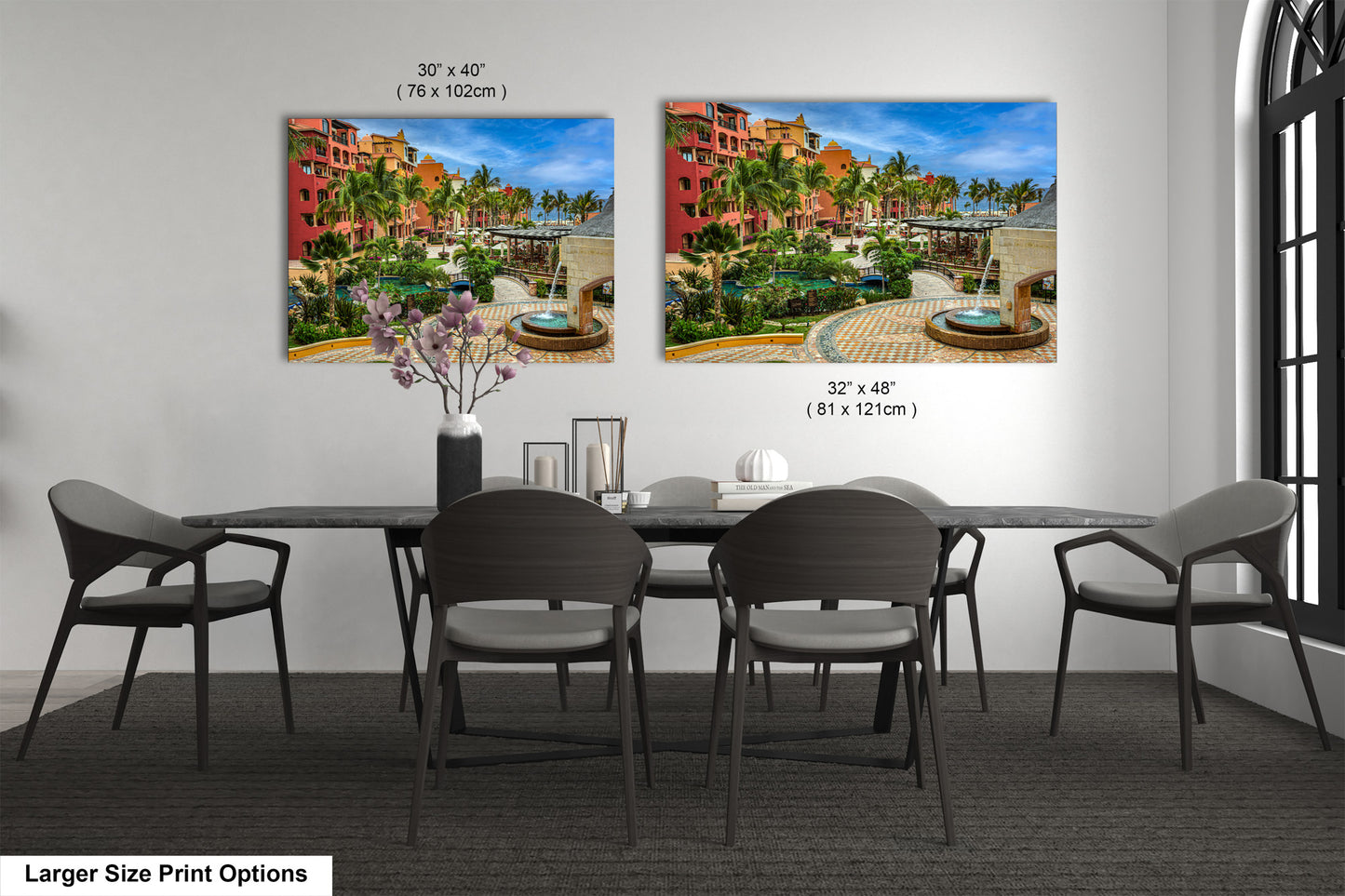 a dining room with a table and chairs