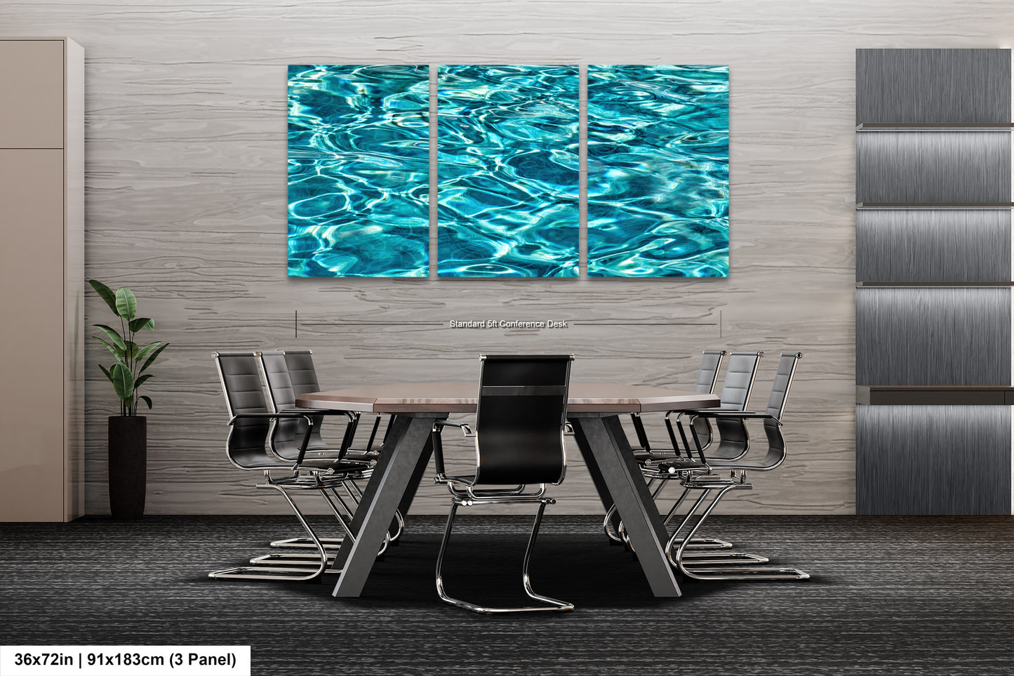 A modern office space with a large, abstract painting of water on the wall above a conference table surrounded by chairs.