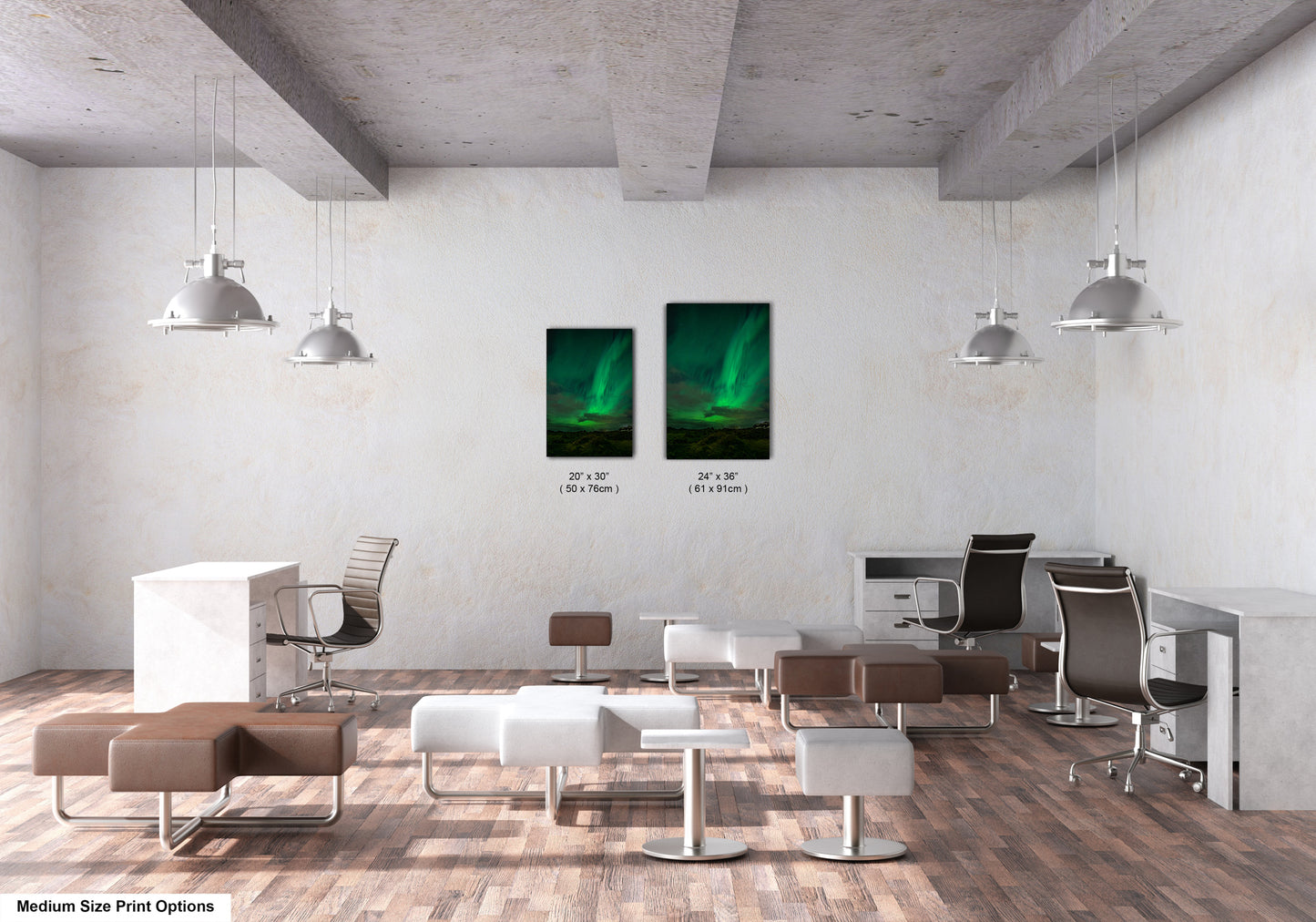 The image is a modern office space with a minimalist design. It features a concrete ceiling, white walls, and a wooden floor. There are several chairs and tables arranged throughout the space, creating a functional and organized environment. Two framed prints of the Aurora Borealis, or Northern Lights, are displayed on the wall, adding a touch of natural beauty to the otherwise industrial setting. The prints are of different sizes, indicating that they are intended for various display purposes.
