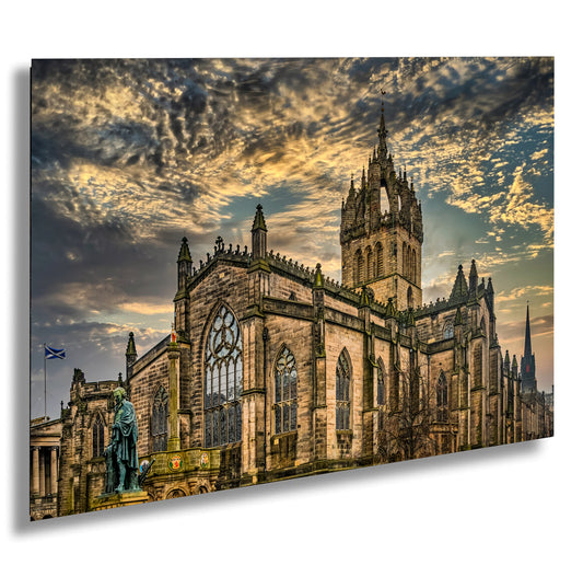 a painting of a cathedral with a statue in front of it