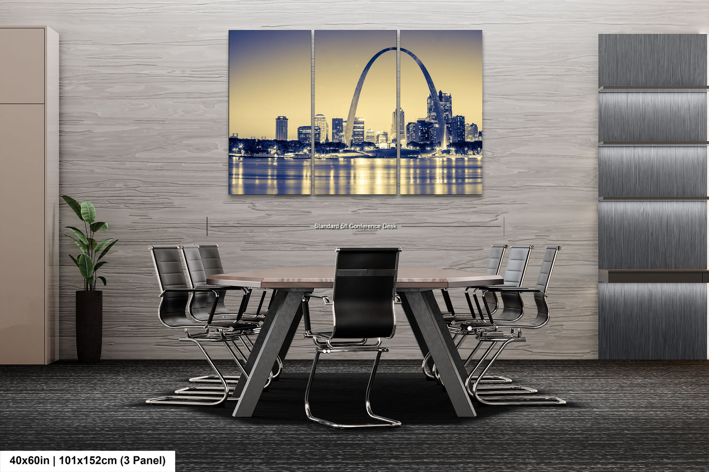 a dining room table with a view of the st louis skyline