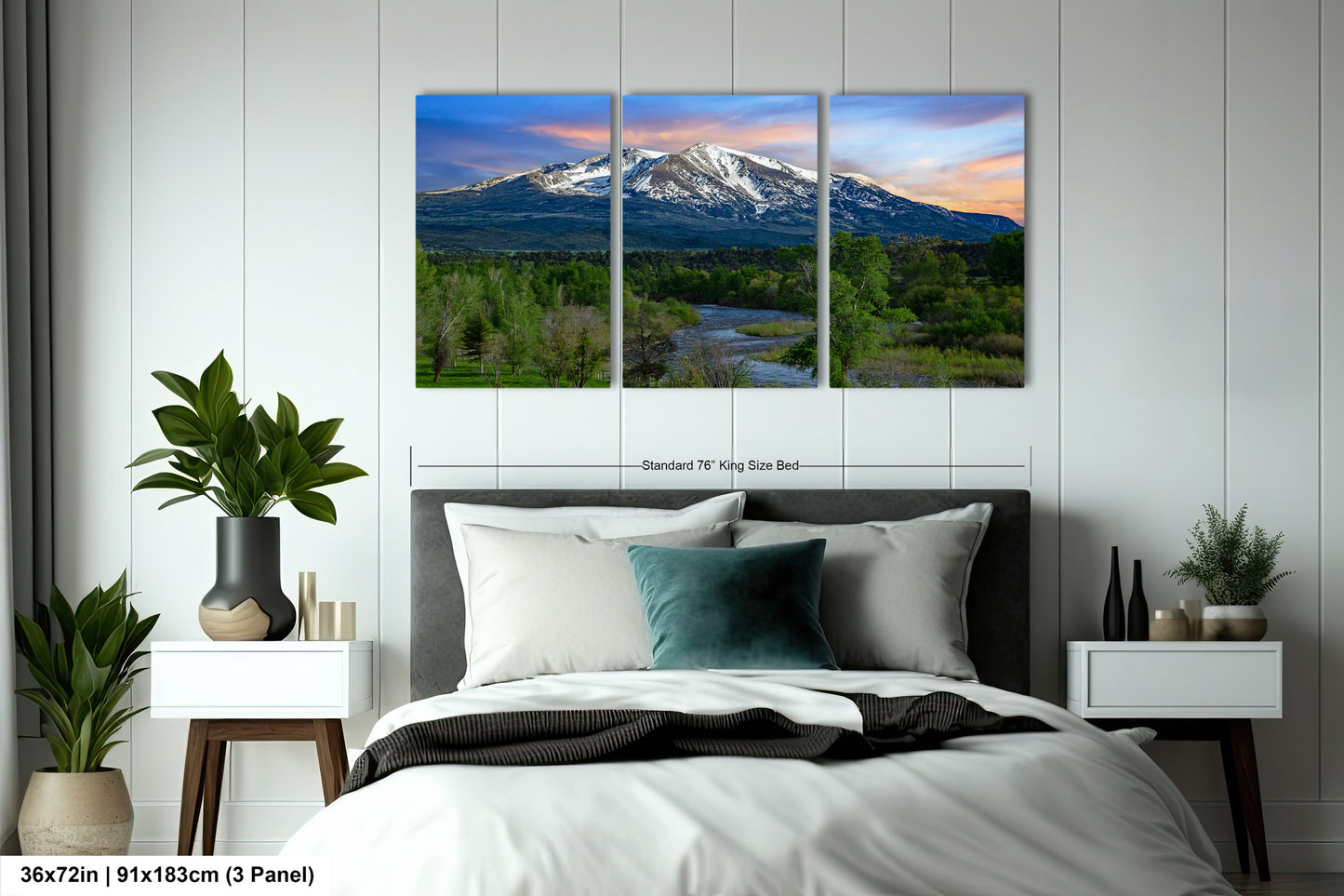 a bedroom scene with a bed and a mountain