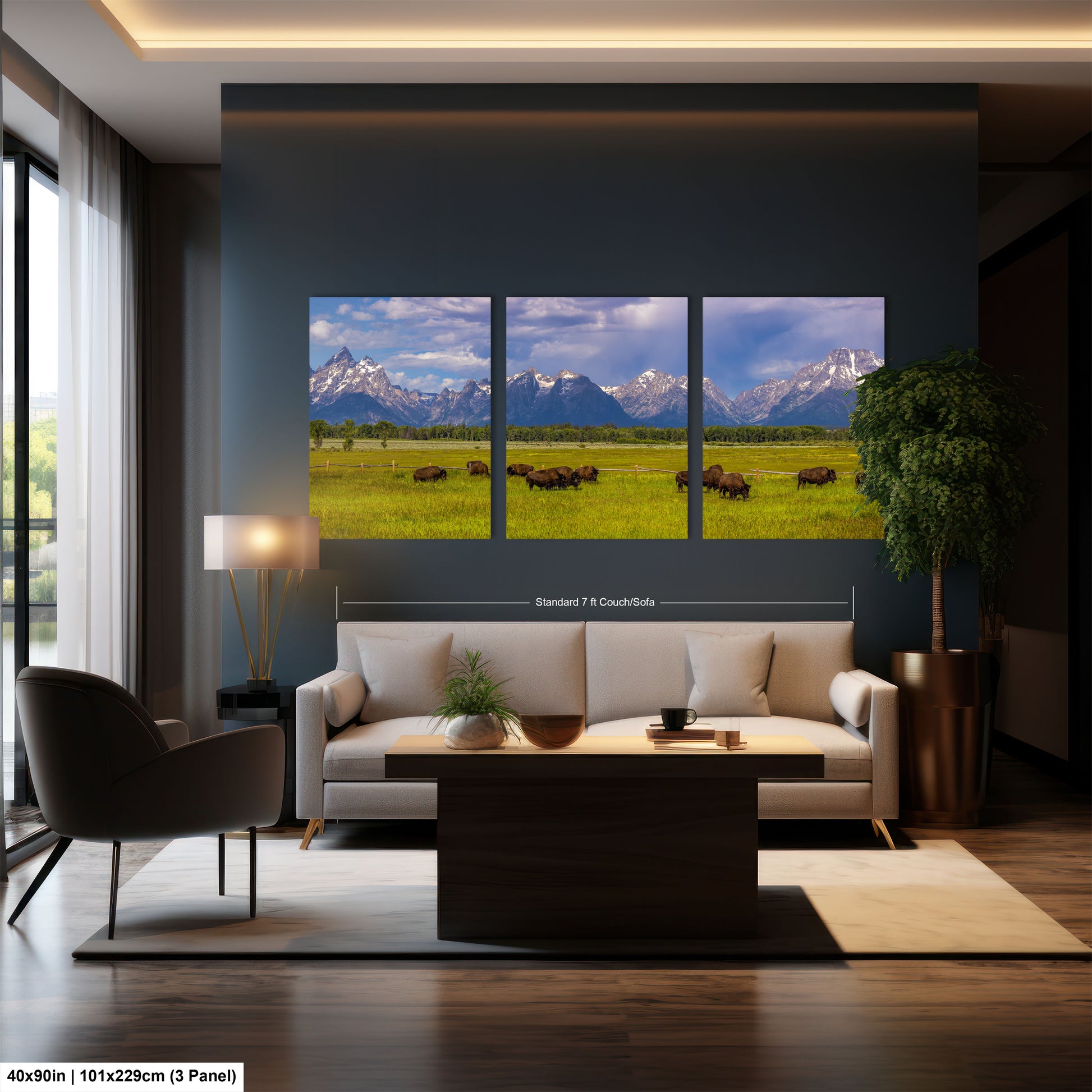 a living room filled with furniture and a painting on the wall