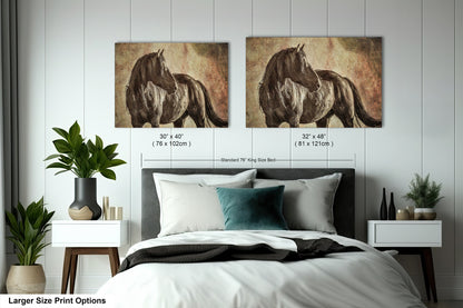 a bed with two pictures of horses on the wall above it