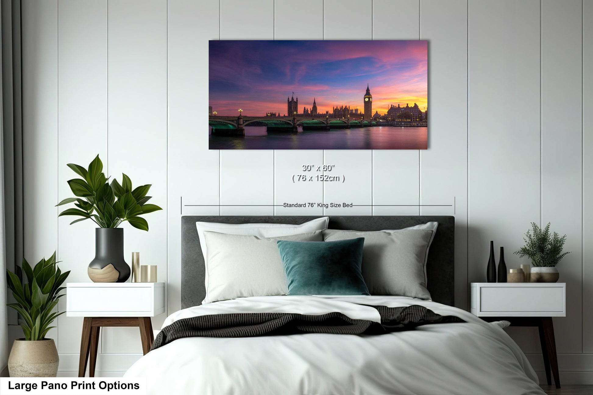 a bedroom scene with focus on the bed and the city skyline