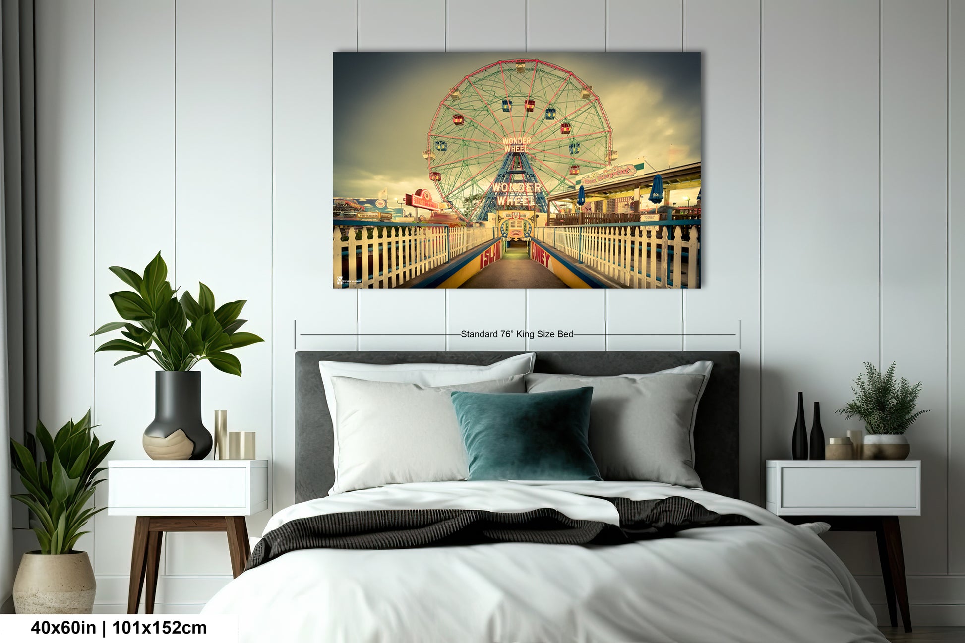 a bedroom with a large ferris wheel in the background