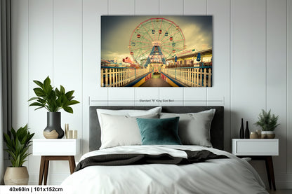 a bedroom with a large ferris wheel in the background