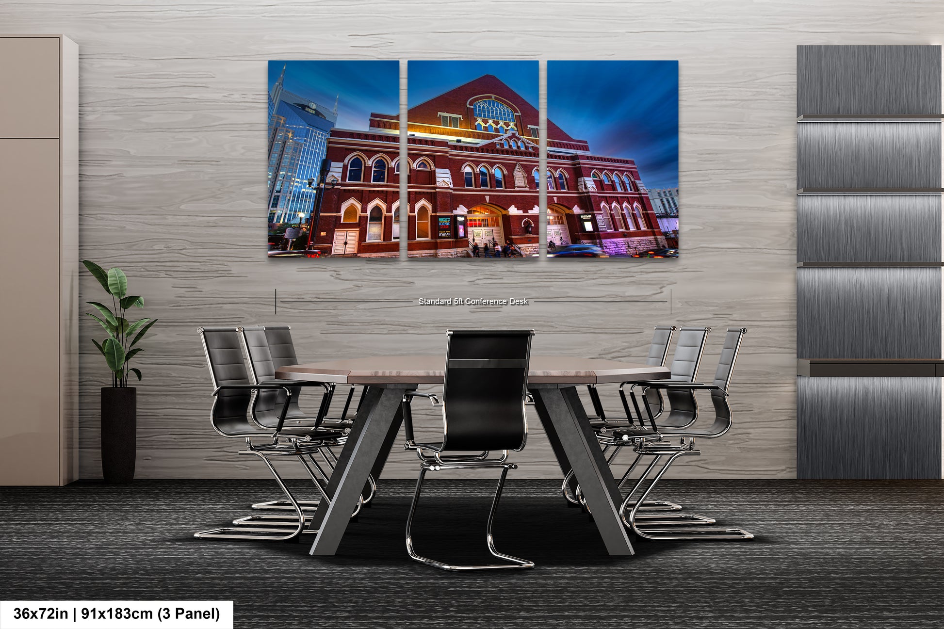 a room with a table and chairs and a picture of a building on the wall
