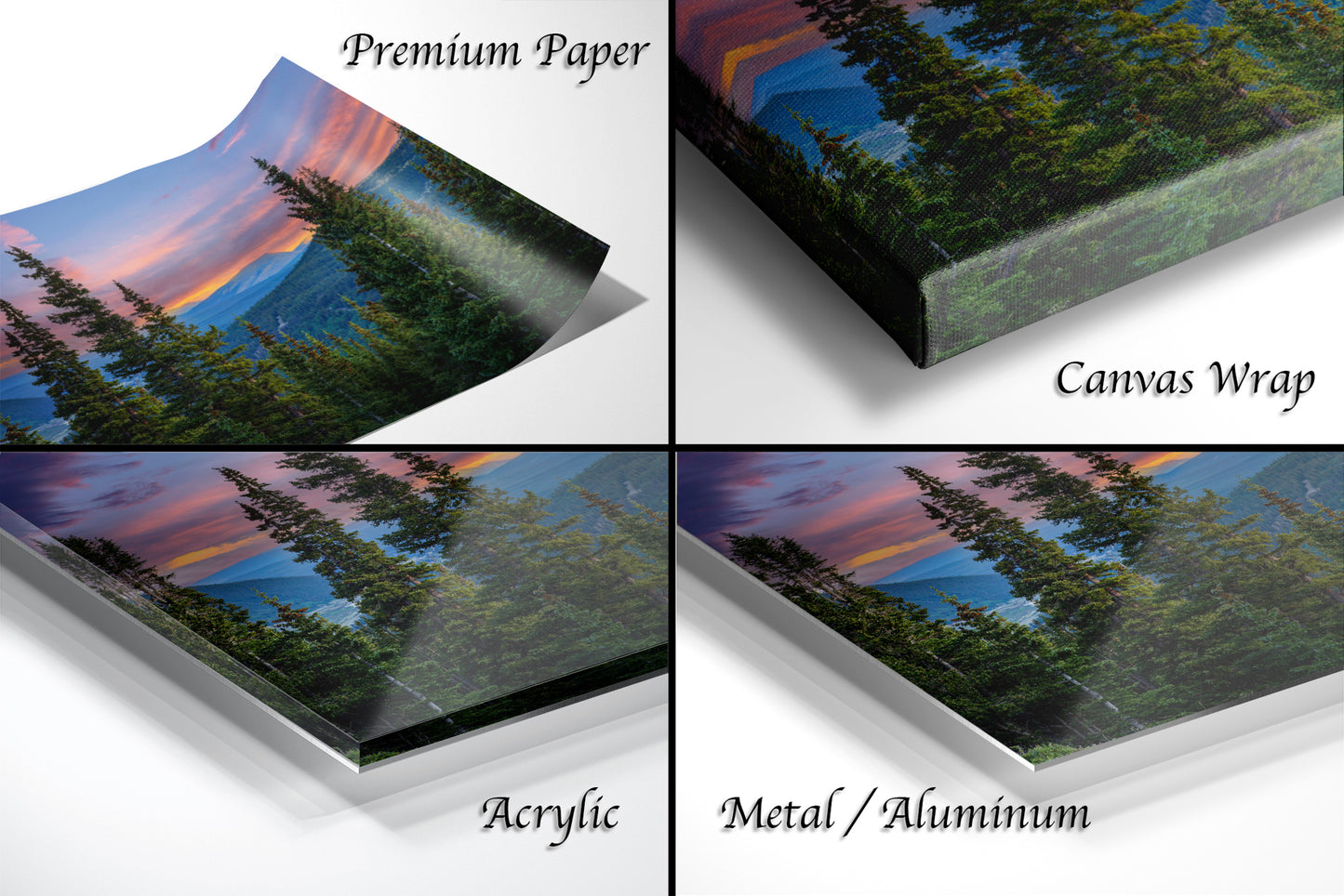 The image is a collage of four different views of a landscape featuring trees and mountains. The collage includes three close-up views of the landscape and one full-body view. The text labels the different views as "Premium Paper", "Canvas Wrap", "Acrylic", and "Metal/Aluminum".